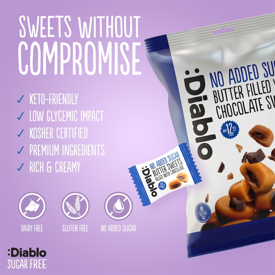 image 1 of Diablo No Added Sugar Chocolate Filled Butter Sweets 75g 6 Pack