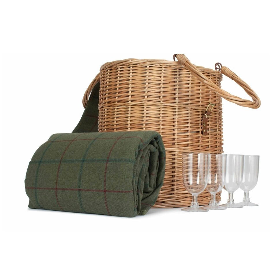 image 1 of Wicker Oval Green Tweed Fitted Cool Bag Drinks Picnic Basket