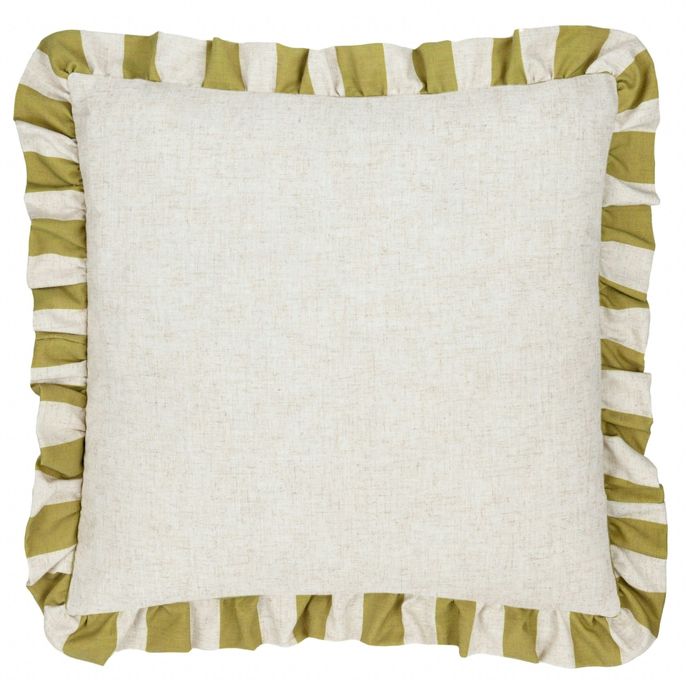 image 1 of furn. Linen Stripe Printed Ruffle Linen/Olive Filled Cushion 50 x 50 cm | Multi