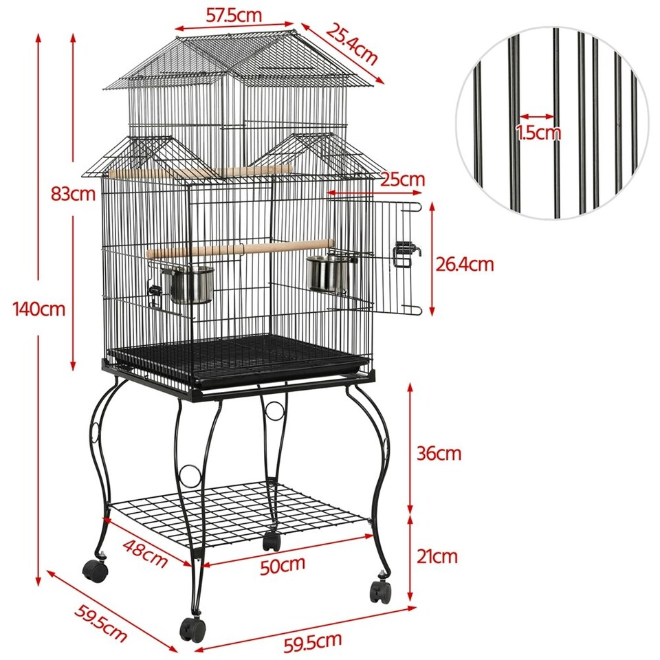 image 1 of Yaheetech 140 cm Tall Triple Roof Rolling Bird Cage with Detachable Stand Black