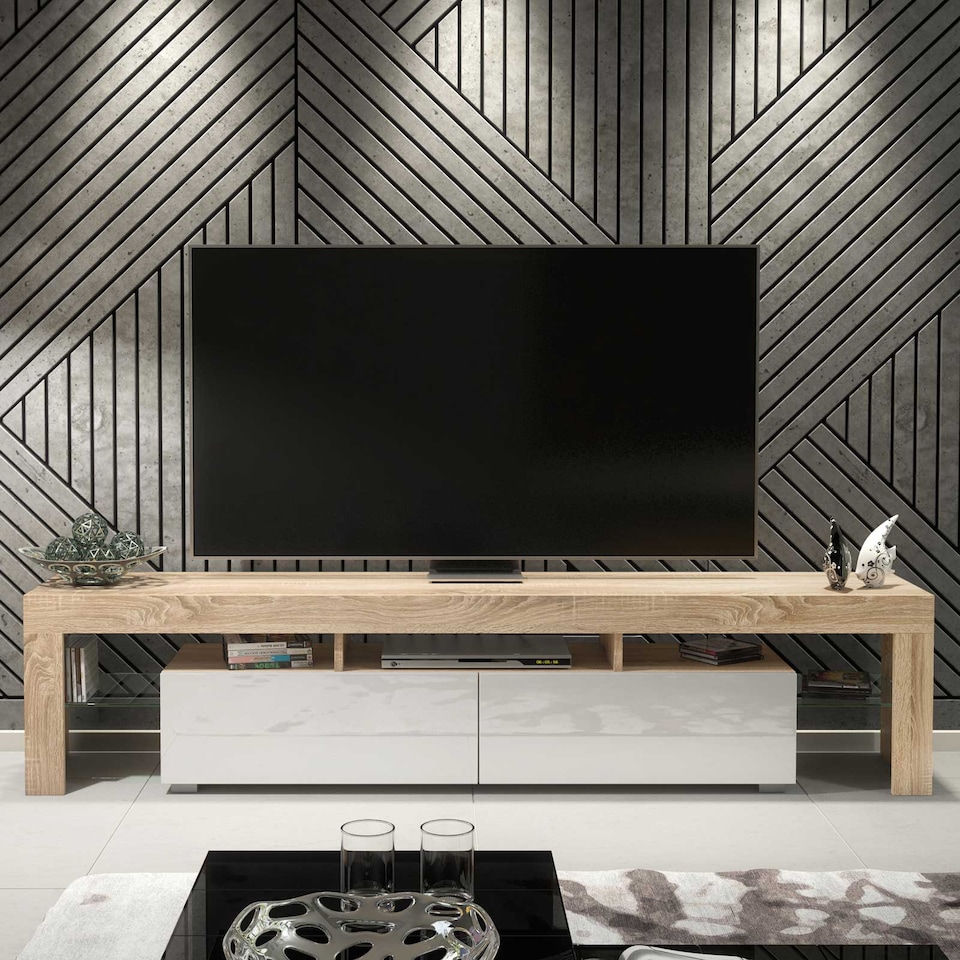 image 1 of TV Stand TV Unit Cabinet Sideboard Media Cabinet Storage Oak White High Gloss 200cm
