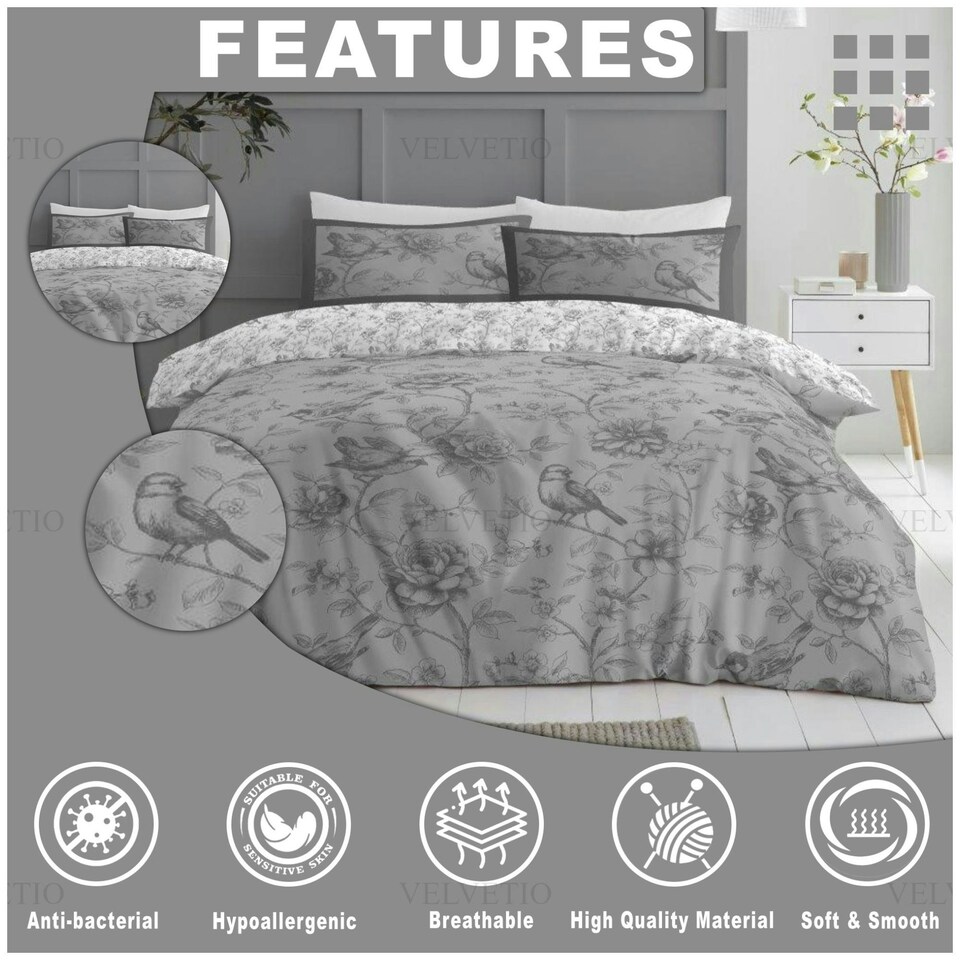 image 1 of VELVETIO Rosa Complete Duvet Cover Set with Fitted Sheet Soft Polycotton Bedding Sets Grey | King