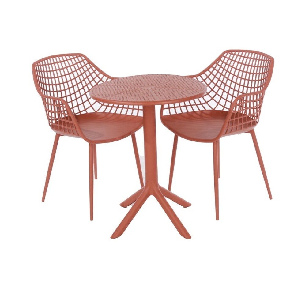 image 1 of Rimini Lattice Bistro Table and 2 Armchair Set - Plastic/Metal - L60 x W60 x H84 cm - Terracotta - Partially Assembled