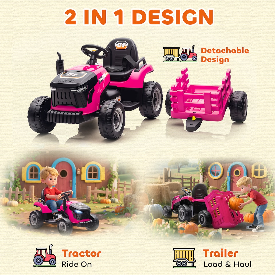image 1 of AIYAPLAY Ride on Tractor with Trailer, 12V Electric Vehicle with Remote Control, Ride on Car for Kids with Music, Shifter, Start-Up Sound for Ages 3-8 Years | Pink