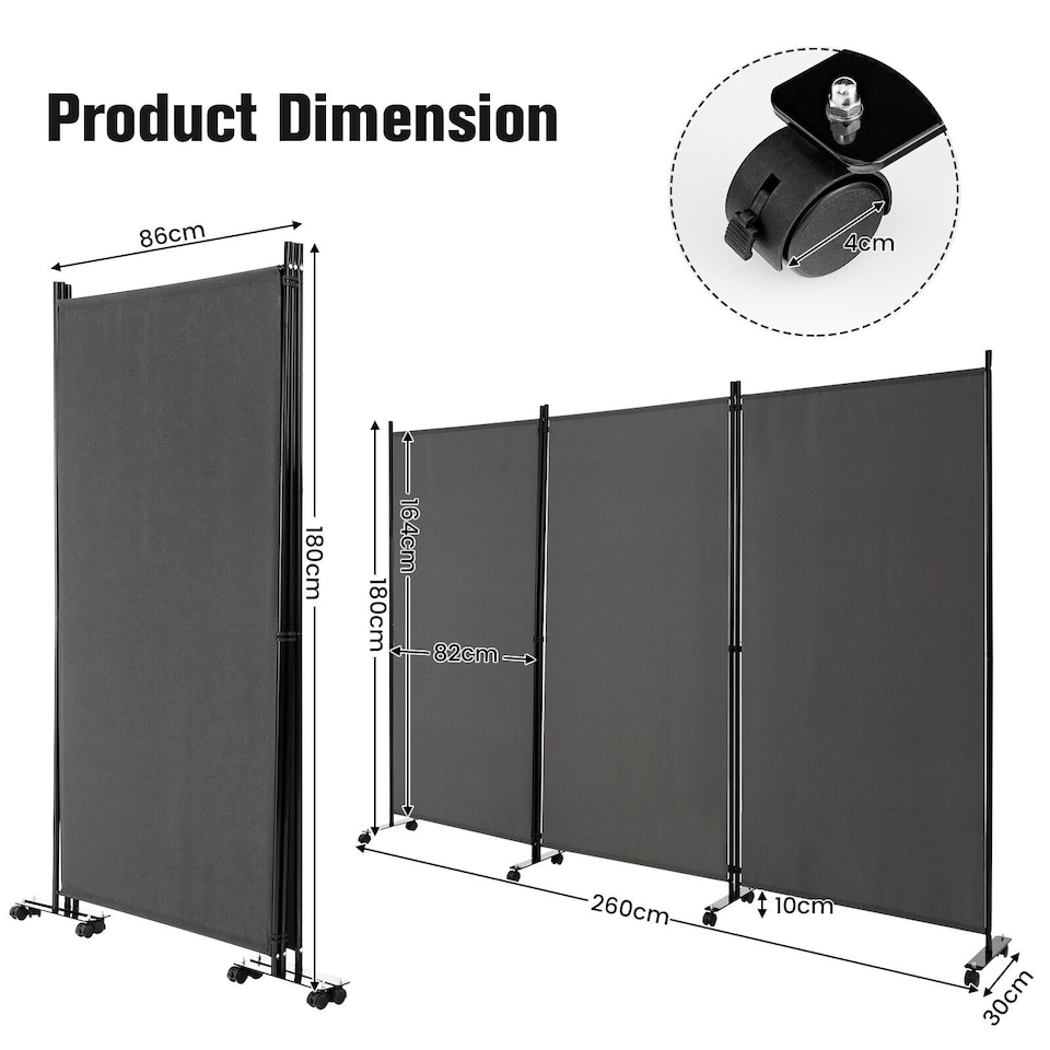 image 1 of COSTWAY 3 Rolling Privacy Screens Freestanding Panel Room Divider on Wheels Grey