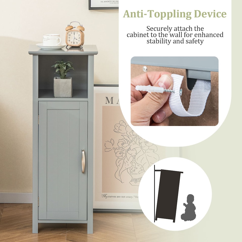 image 1 of COSTWAY Bathroom Floor Cabinet Narrow Storage Organizer | Grey | 1