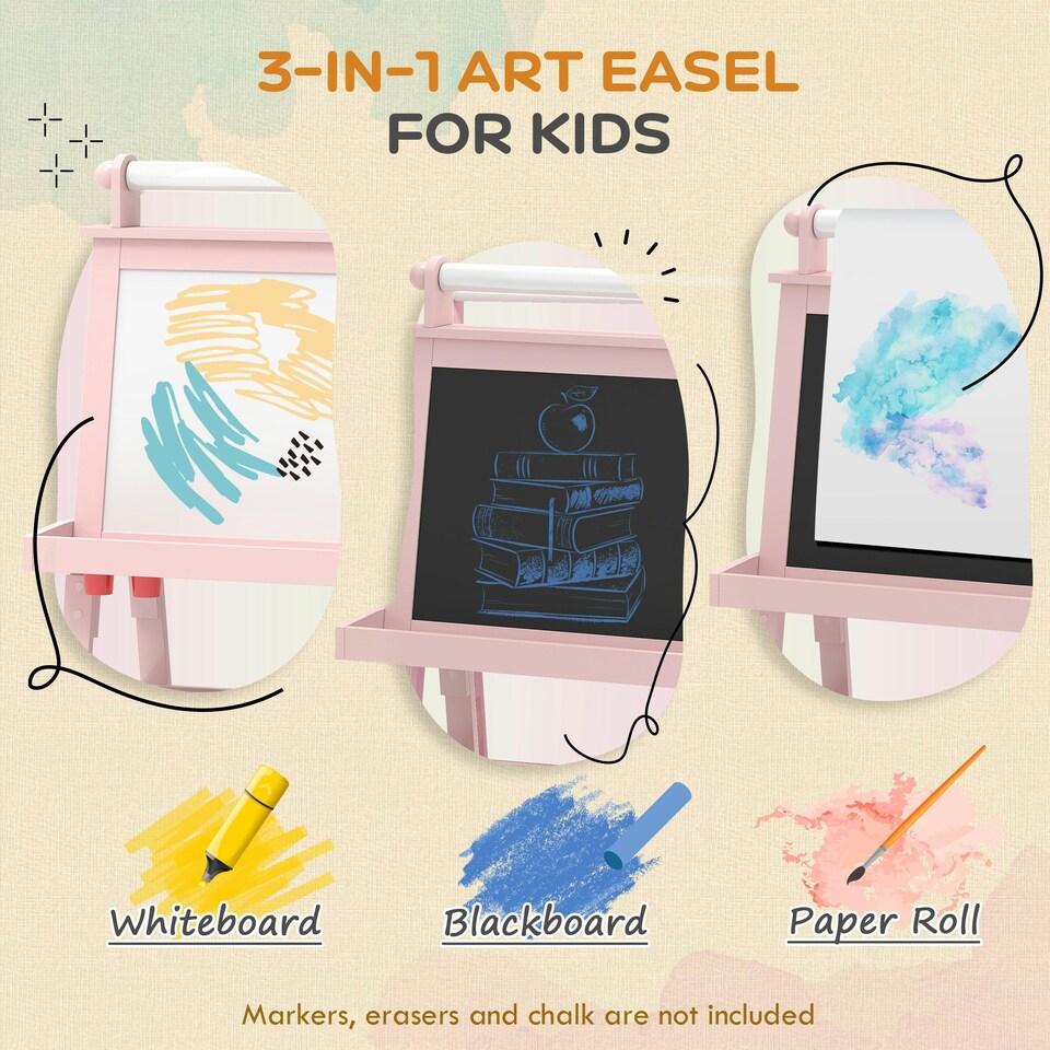 image 1 of AIYAPLAY Art Easel for Kids with Paper Roll, 3 in 1 Kids Easel Double-Sided Magnetic Whiteboard and Chalkboard with Storage Baskets, for Children 3-6 Years 