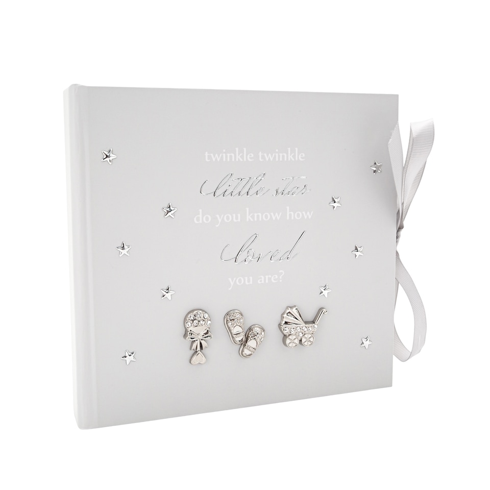 image 1 of Baby Keepsake Photo Album with Silver Plated Rattle Pram and Booties