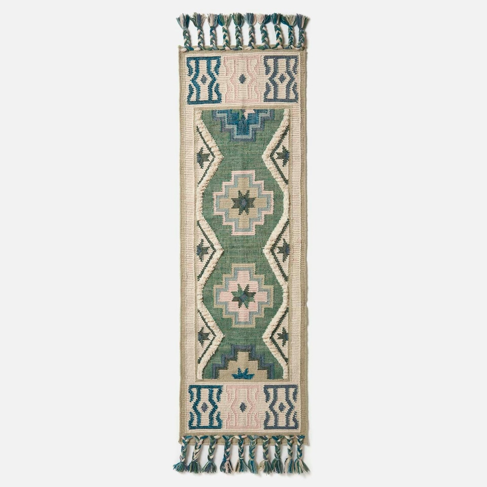 image 1 of Homescapes Matala Green and Blue Kilim Runner Wool Rug - 66 x 200 cm