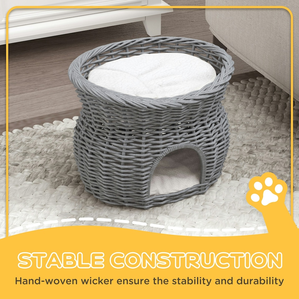 image 1 of PawHut 2-Tier Elevated Pet Cushion Bed Basket Willow Cat Tree House Condo Kennel
