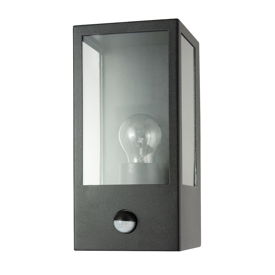 image 1 of Modern Outdoor PIR Sensor Wall Light Fitting with Box Lantern Shape IP44 Rated | Black | Black | 1