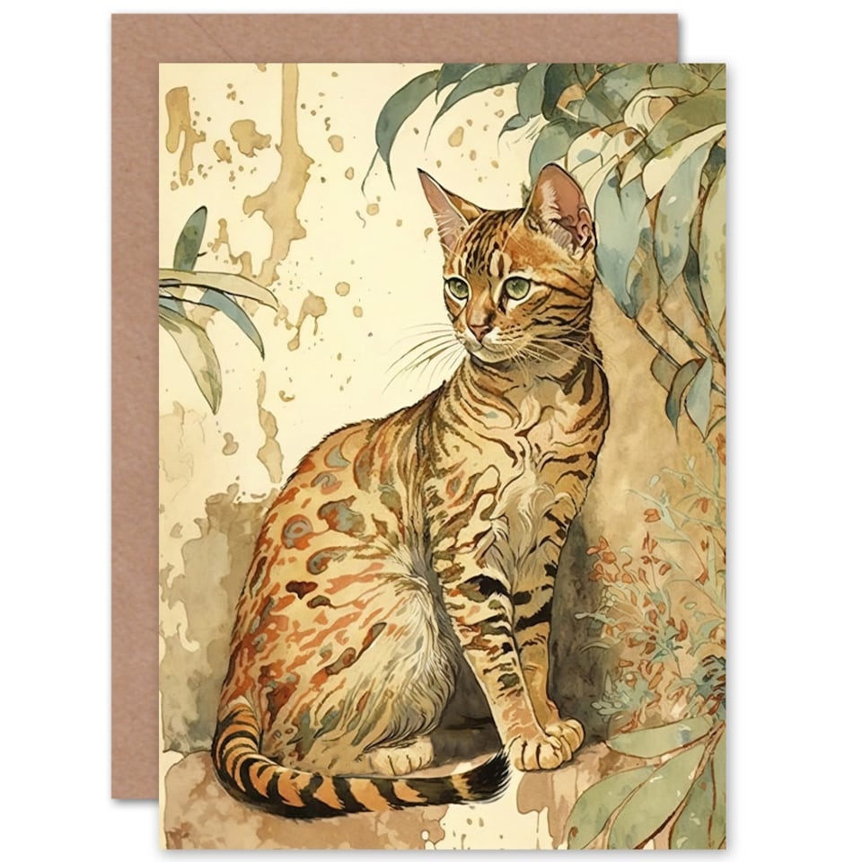 image 1 of Cat Lover Marble Coat Bengal and Porch Plant Watercolour Greeting Card