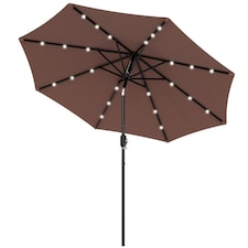 Outsunny 2.7m Garden 24 LED Light Parasol Solar Outdoor Tilt Sun Umbrella Patio Club Party Event Manual Sun Shade w Hand Crank and 8 Ribs, Brown