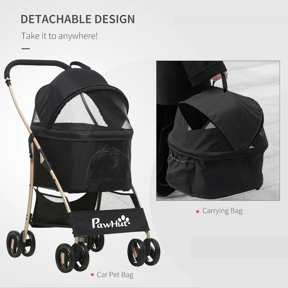 image 1 of PawHut 3 In 1 Pet Stroller, Detachable Dog Cat Travel Carriage - Black
