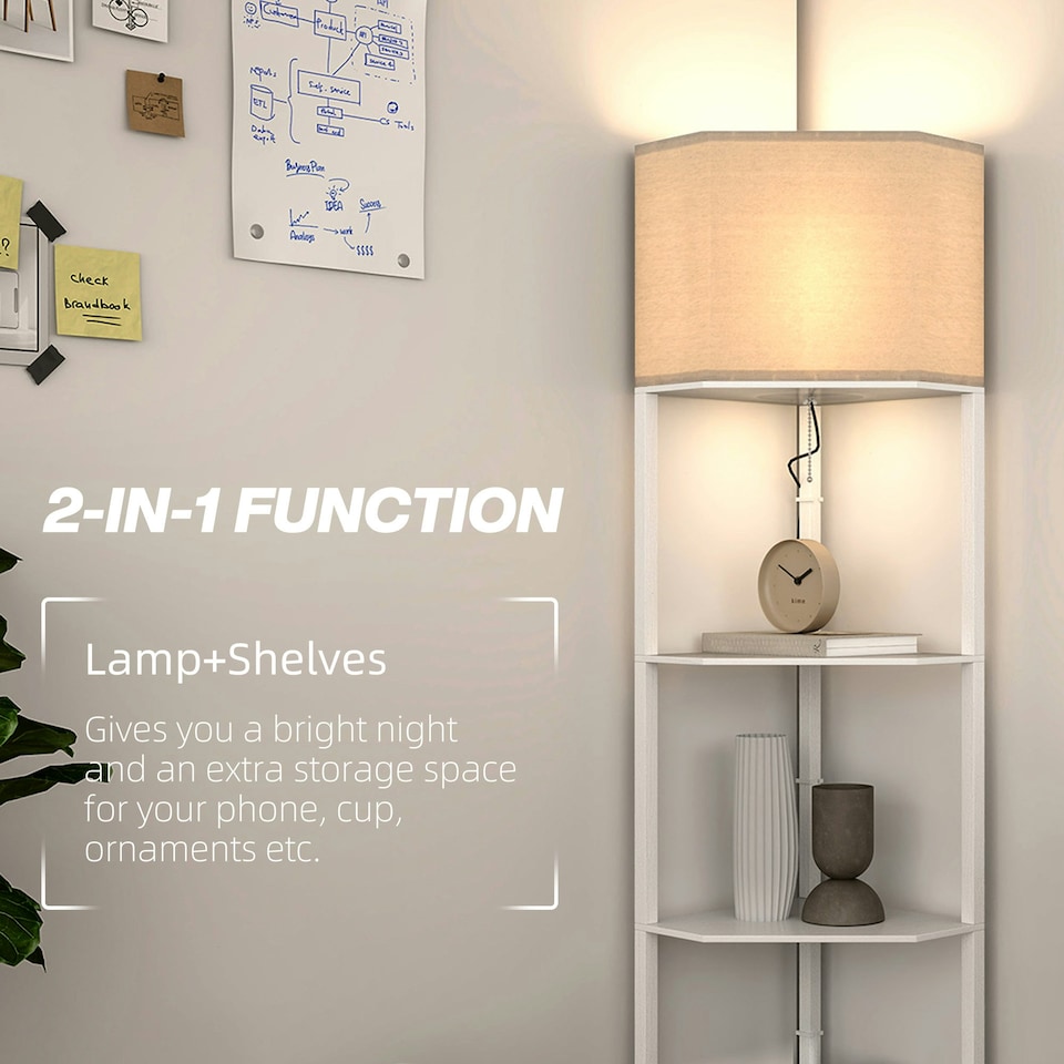 image 1 of HOMCOM Corner Modern Floor Lamp with Shelves for Living Room, Bedroom, White