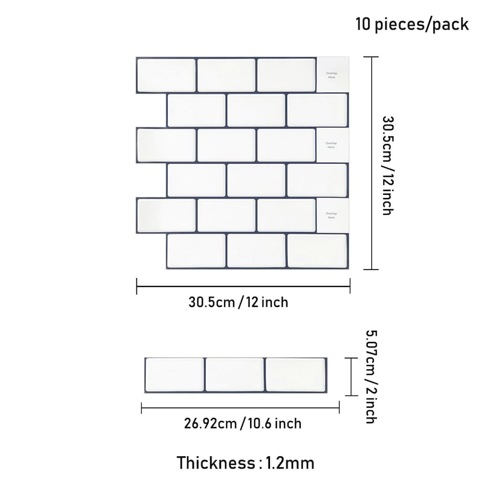 image 1 of Living and Home 10Pcs Peel and Stick 1.2mm Thick Backsplash Tiles - White with Black outline