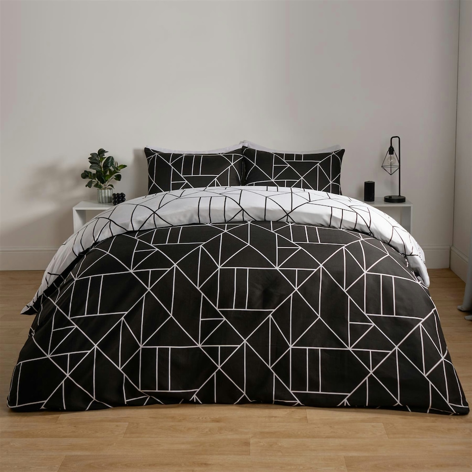 image 1 of OHS Geometric Reversible Print Duvet Cover and Pillowcase Set, King - Black