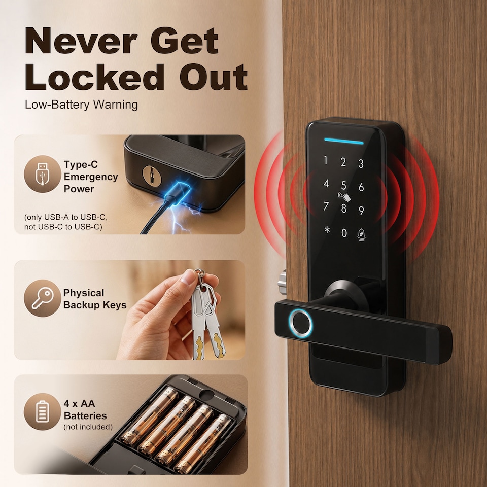 image 1 of HOMCOM Smart Door Lock, Fingerprint/Passcode/APP/NFC/Key, Doorbell