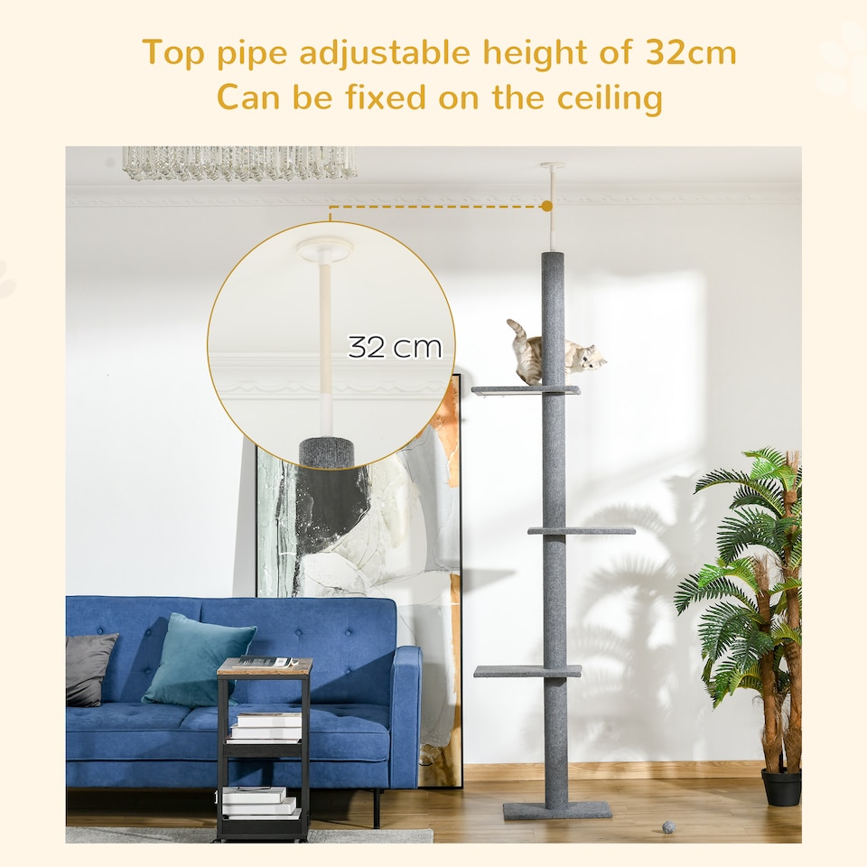 image 1 of PawHut 260cm Cat Tree Floor To Ceiling Adjustable Height