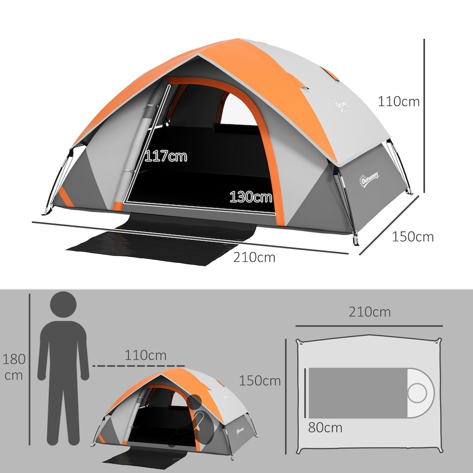 image 1 of Outsunny 2 Man Camping Tent w/ Sewn-in Groundsheet, 3000mm Waterproof, Orange
