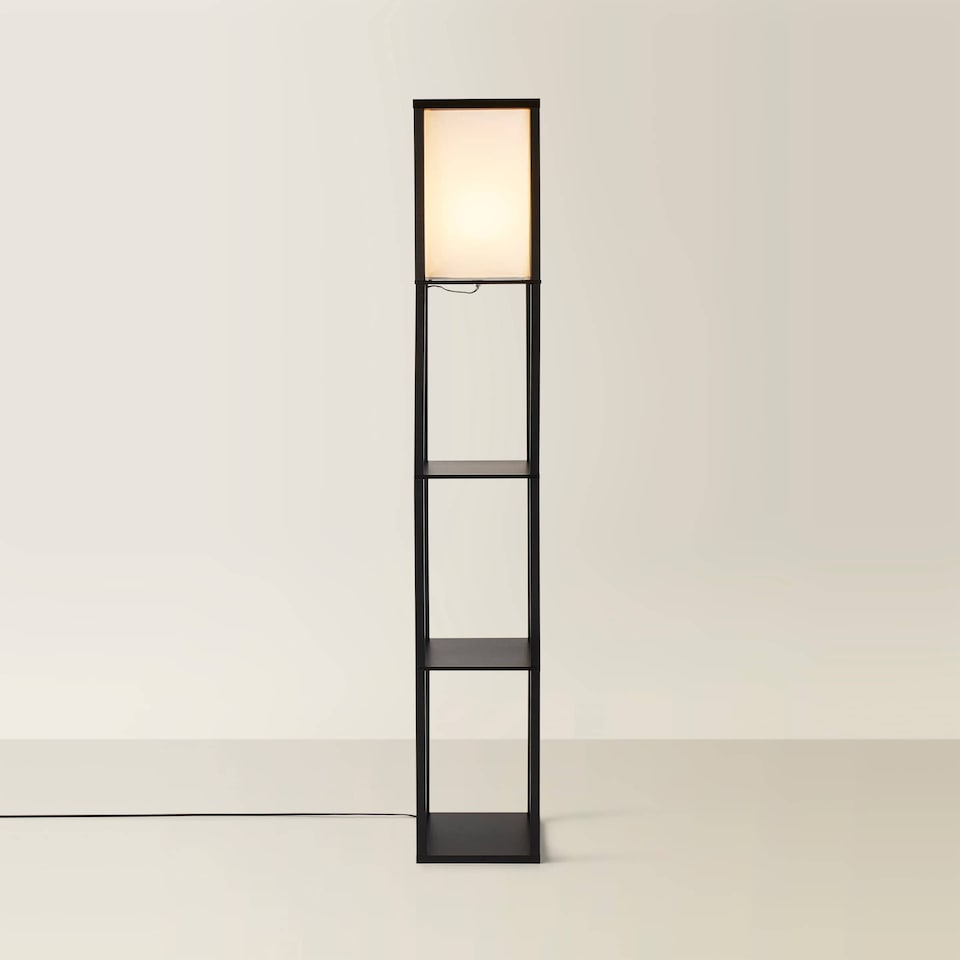 image 1 of ValueLights Struttura Black Shelving Floor Lamp Fabric Shade