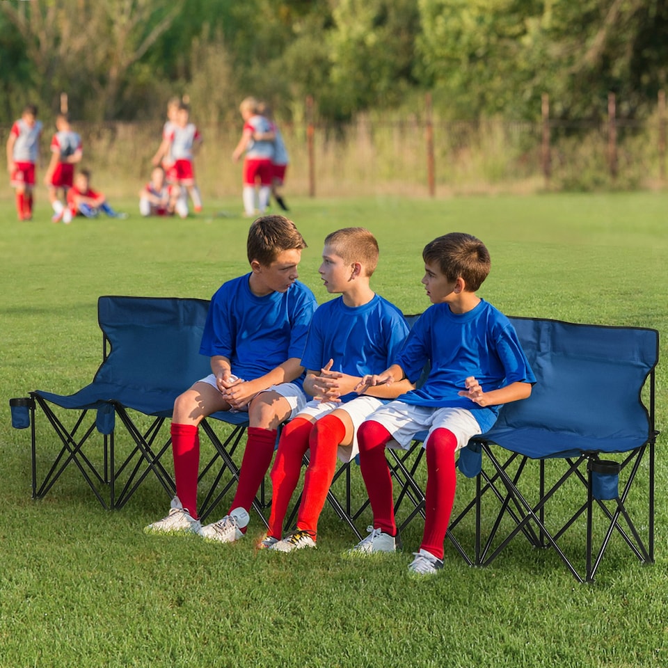 image 1 of Outsunny 6 Seater Folding Bench Camping Chair with Cup Holder, Blue