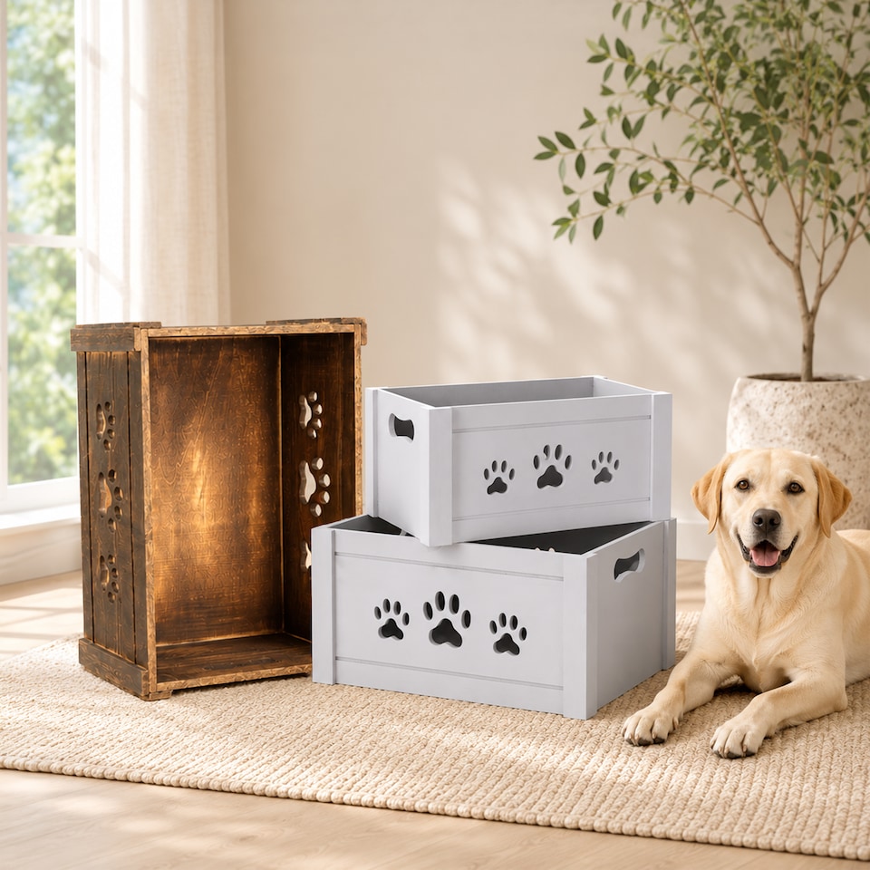 image 1 of Paw Shaped Cutout Dog Toys Chest Gift Hampers Storage Collection Box Wooden Crates Gift Hampers (Brown, Large)