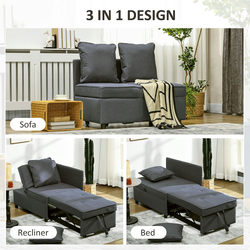 image 1 of HOMCOM Folding Sleeper Sofa Bed Chair with Pillows, Pocket, Grey