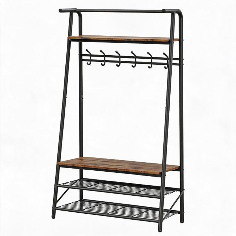 image 1 of London Boutique 4-in-1 Hall Tree with Bench and Shoe Rack, Single Coat Hooks, 100cm
