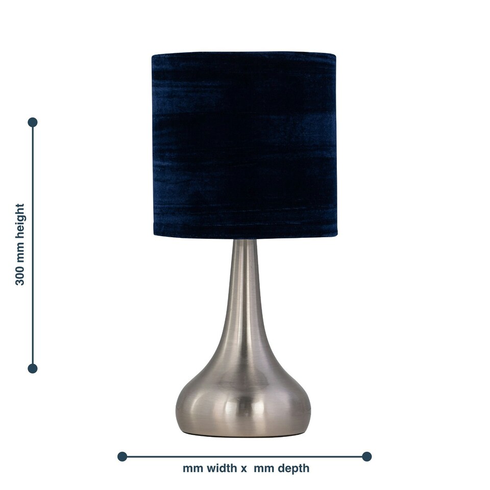 image 1 of Romana - Brushed Chrome Touch Operated Table Lamp with Navy Blue Crushed Velvet Shade Silver | Blue