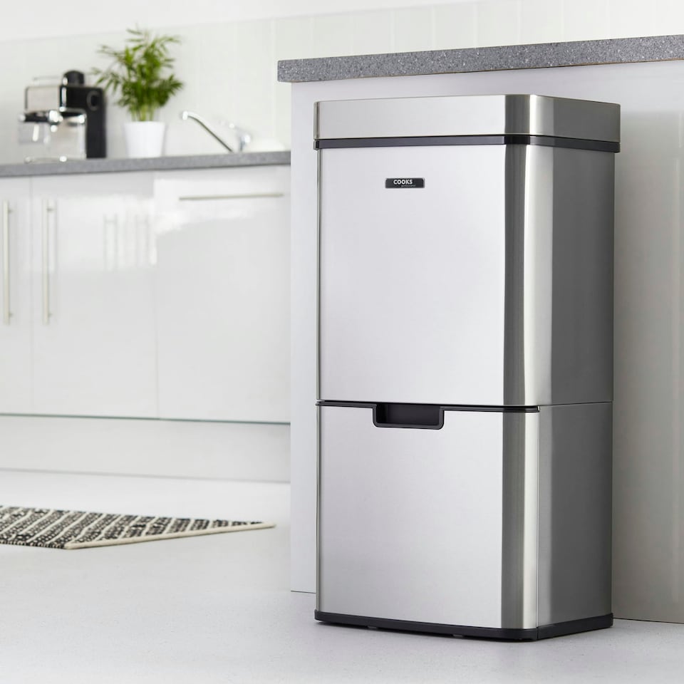 image 1 of Cooks Professonal Recycling Sensor Bin | 75L | 3 Compartments plus Food Caddy | Stainless Steel | Silver