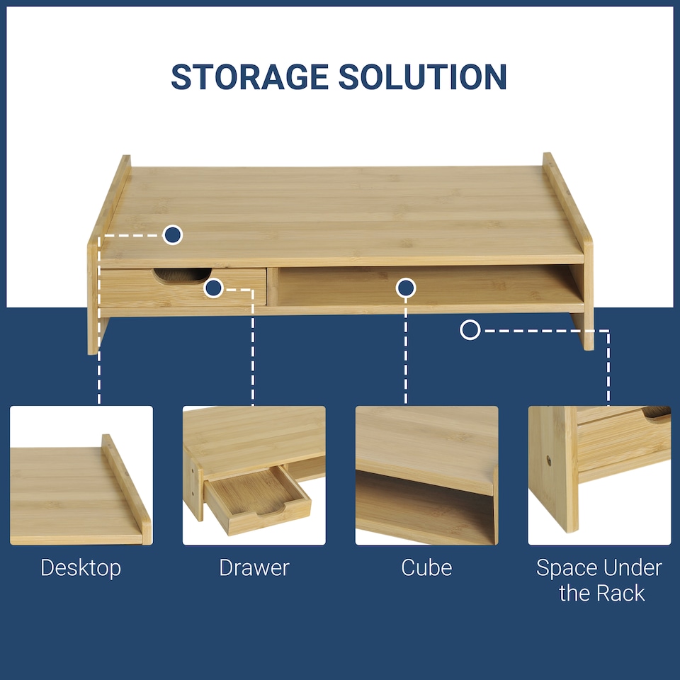 image 1 of HOMCOM Monitor Riser Laptop PC Plinth Stand TV Computer Desktop Organiser W  Drawer Bamboo