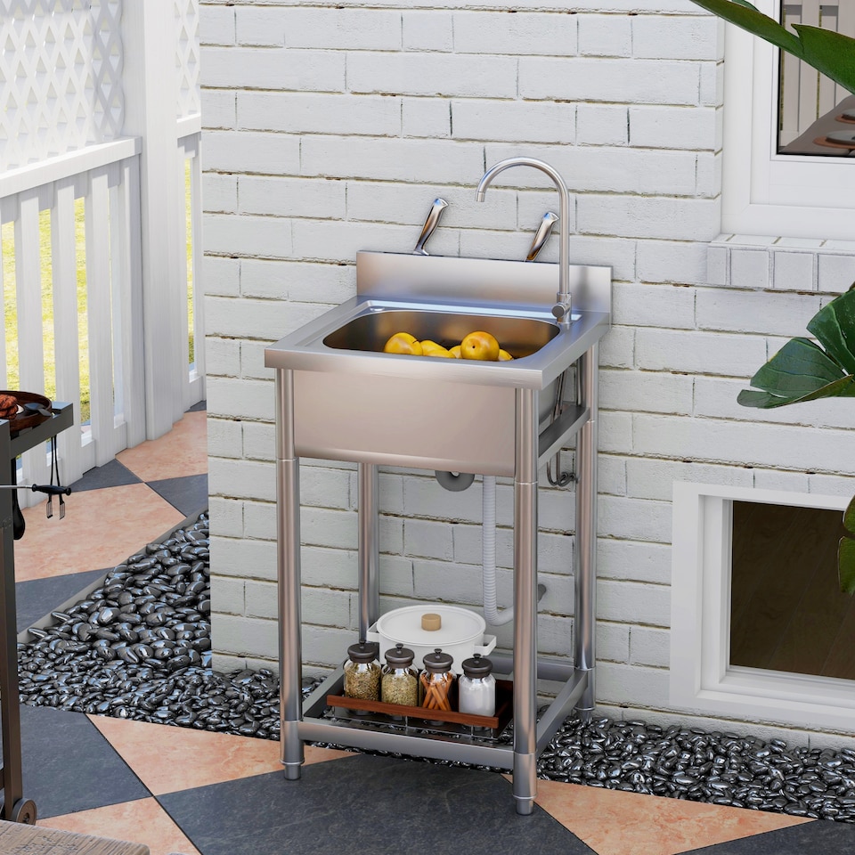 image 1 of HOMCOM Stainless Steel Utility Sink with Cold and Hot Water Pipe Silver Tone