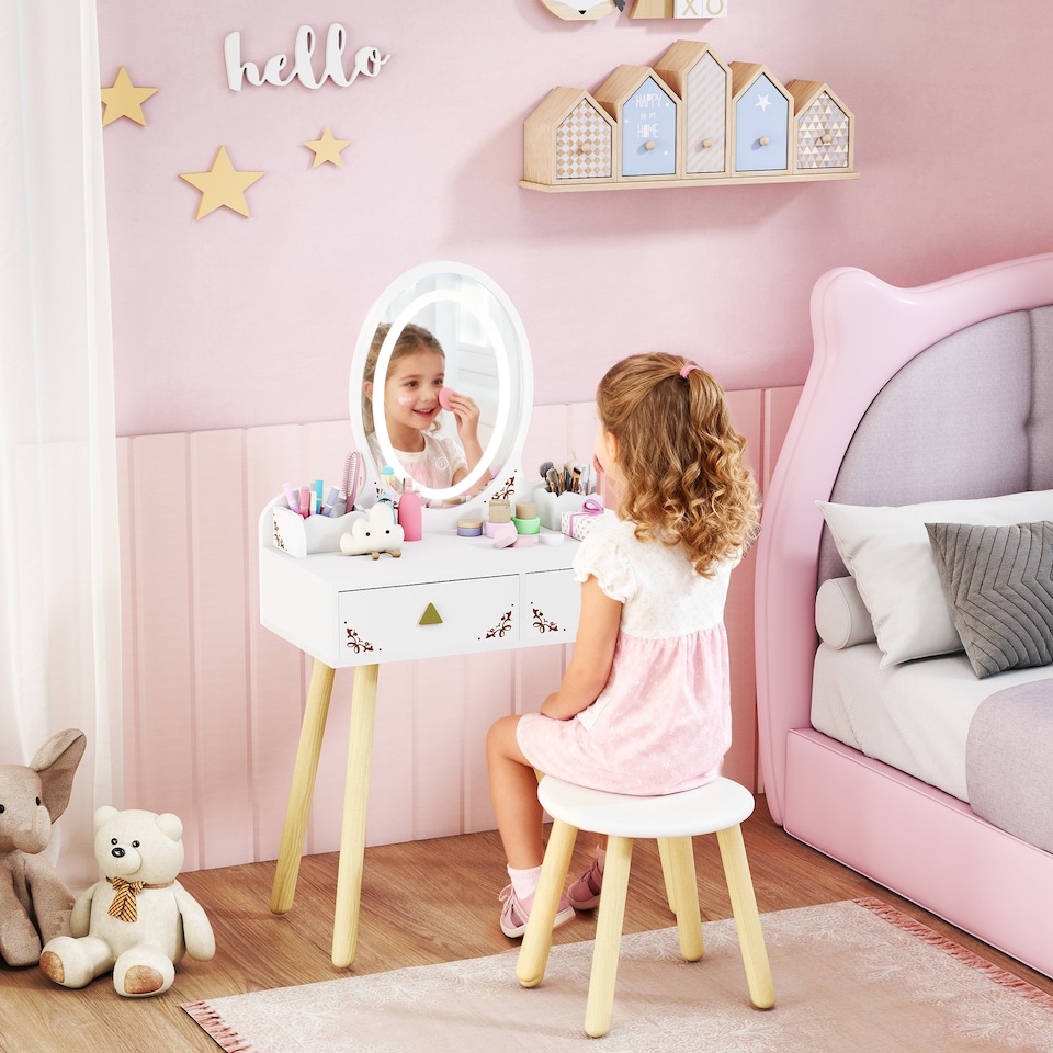 image 1 of AIYAPLAY Kids Vanity Table and Chair Set, 2 in 1 Children Dressing Table with 3-Colour LED Lights Mirror, Drawer, Storage Boxes, Girls Makeup Desk Set for 3+ Years, for Playroom, Bedroom, White