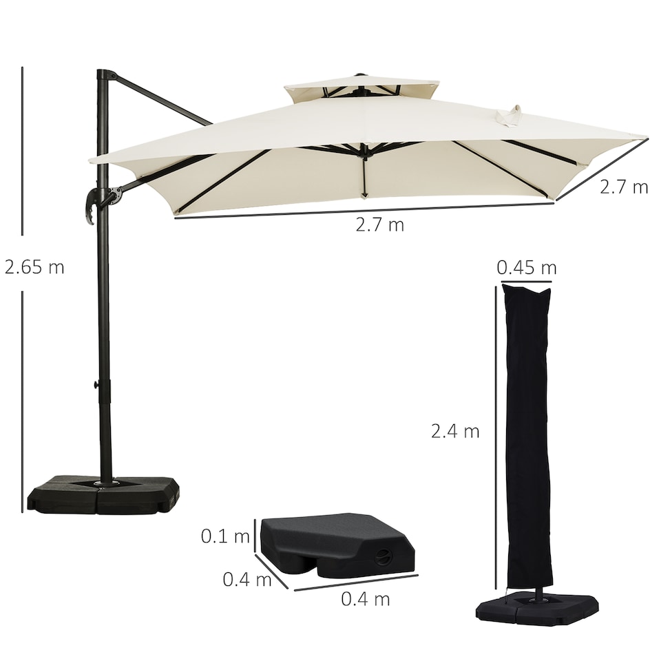 image 1 of Outsunny 360 Degree Cantilever Parasol Roma Umbrella with Base Weight, Beige | White | Beige