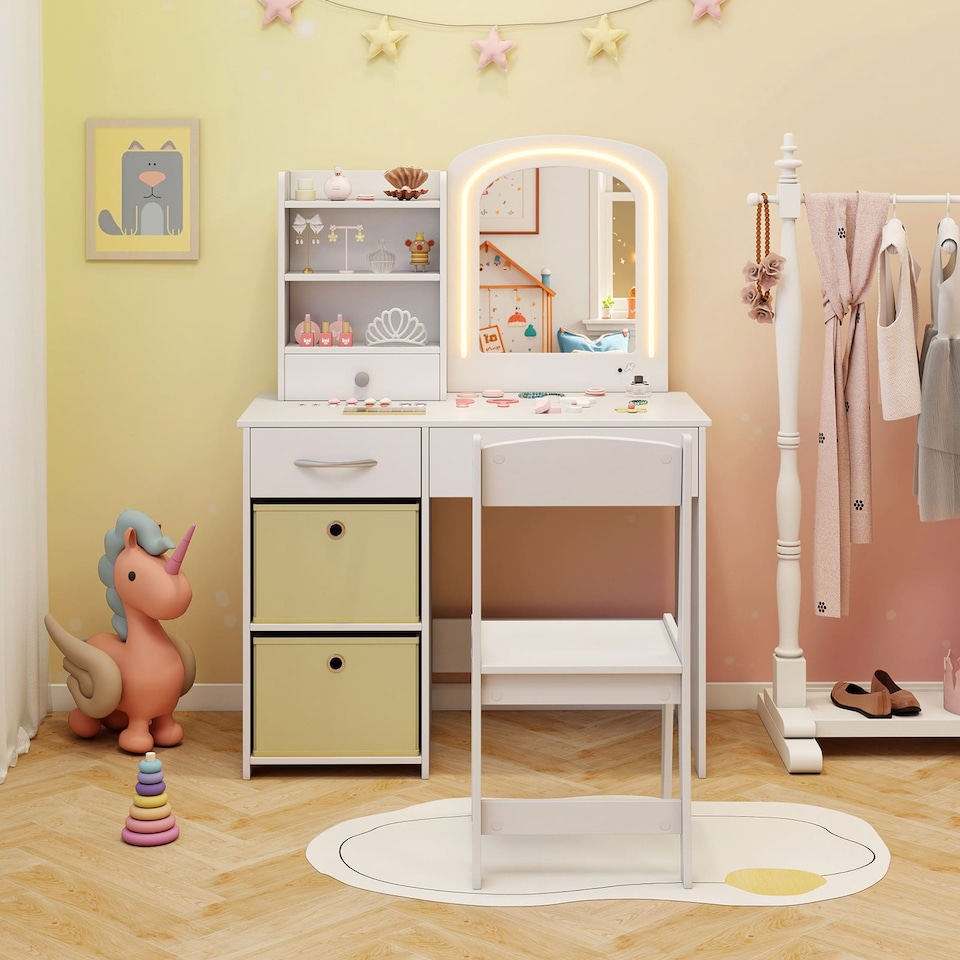 image 1 of COSTWAY Kids Vanity Set Princess Makeup Desk and Chair White