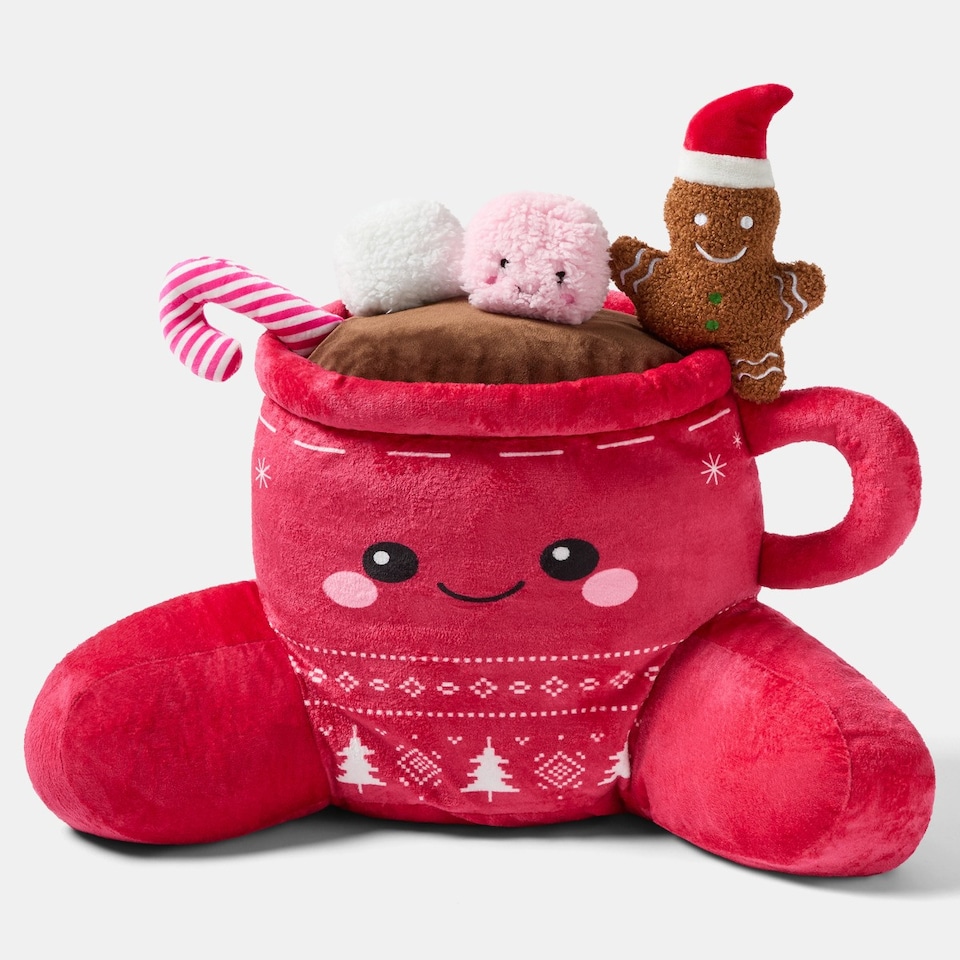 image 1 of OHS Kids Festive Hot Chocolate Cuddle Cushion Character Backrest Reading Pillow