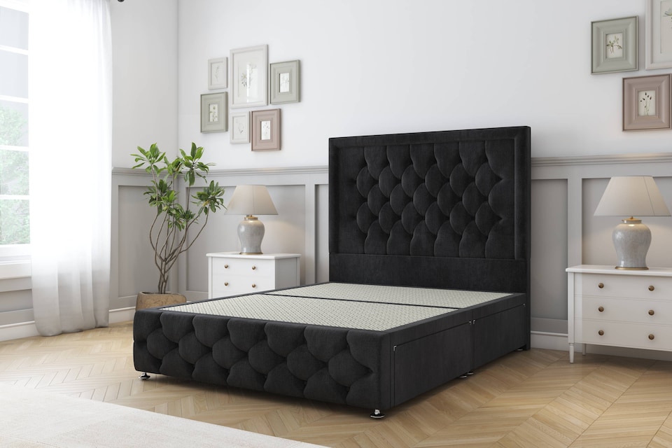 image 1 of Sloomy Vienna Black Naples Divan Bed Base 2 Drawers Left Side With 54 Inch Floor Standing Headboard & 12 Inch Matching Footboard | Black | Black | Small Double | 1