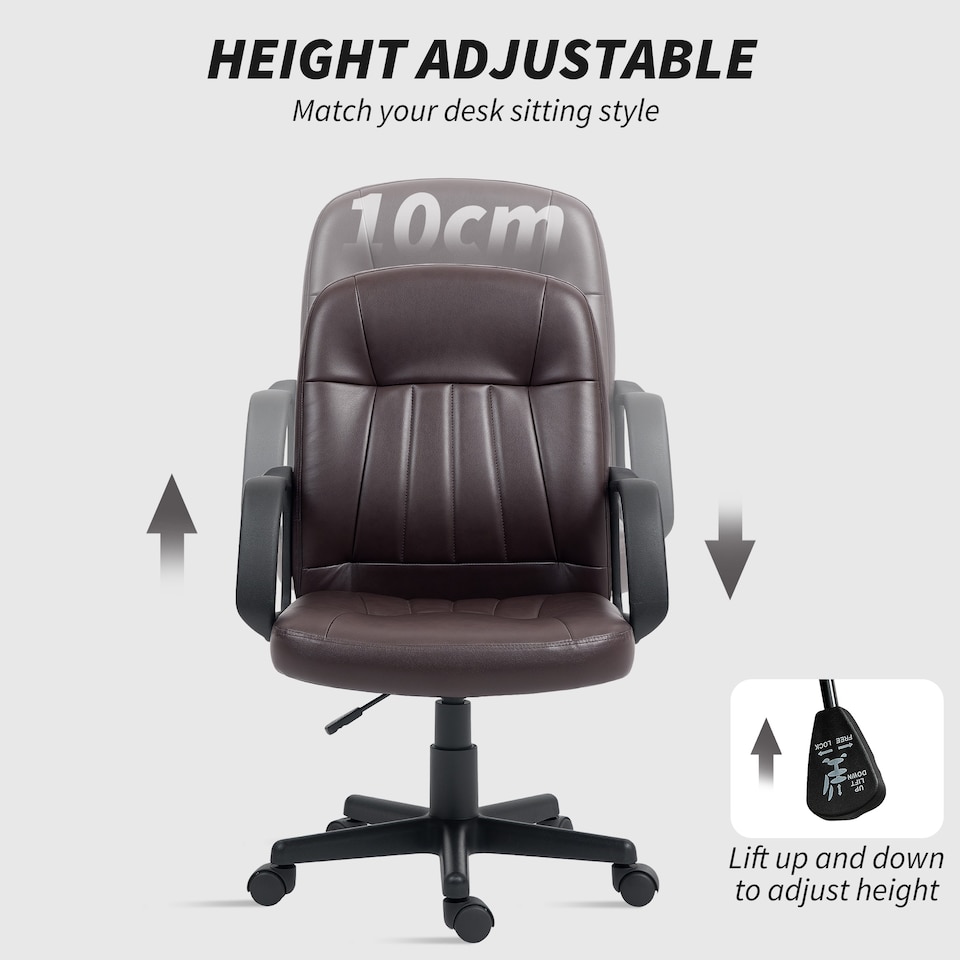 image 1 of HOMCOM Desk Chair, PU Leather Computer Office Chair with Adjustable Height, Swivel Wheels for Home Work Study, Dark Brown