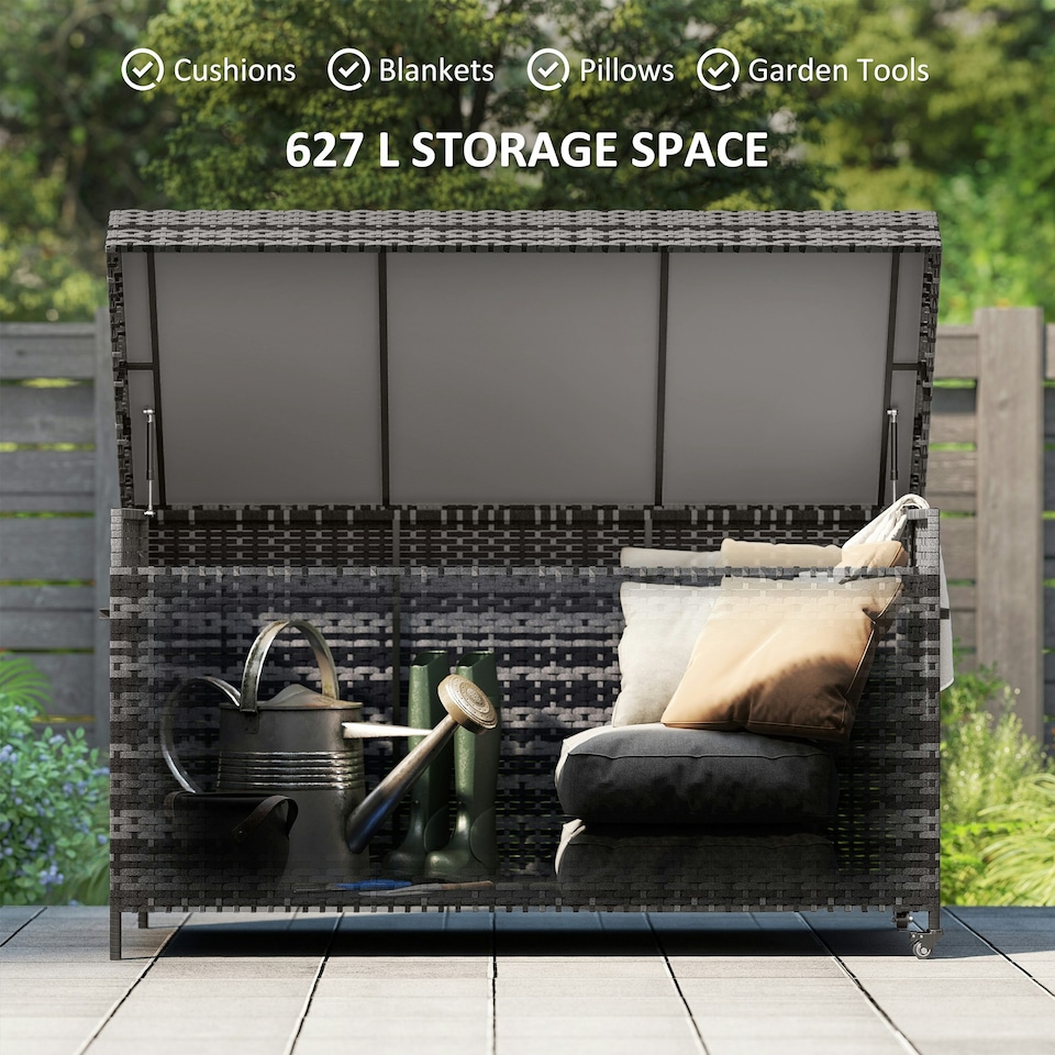 image 1 of Outsunny 627 L Rattan Garden Storage Box with Gas Lift Lid and Wheels Grey | Dark Grey | 153 x 69 x 85 cm