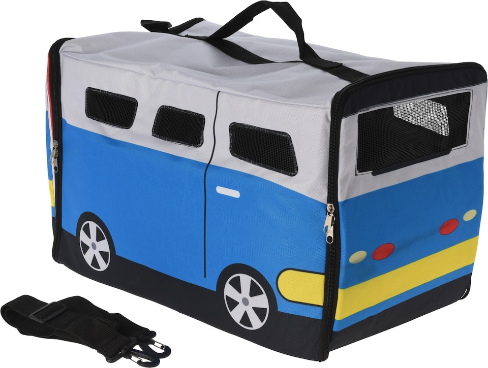 image 1 of Pet Carrier Bag Soft Polyester Kids Bus Themed Small Dog Cat Travel Carry Case | Multi | Blue Camper Bus | 1