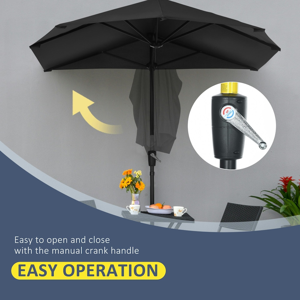 image 1 of Outsunny 2m Half Garden Parasol Market Umbrella w/ Crank Handle, Base Dark Grey
