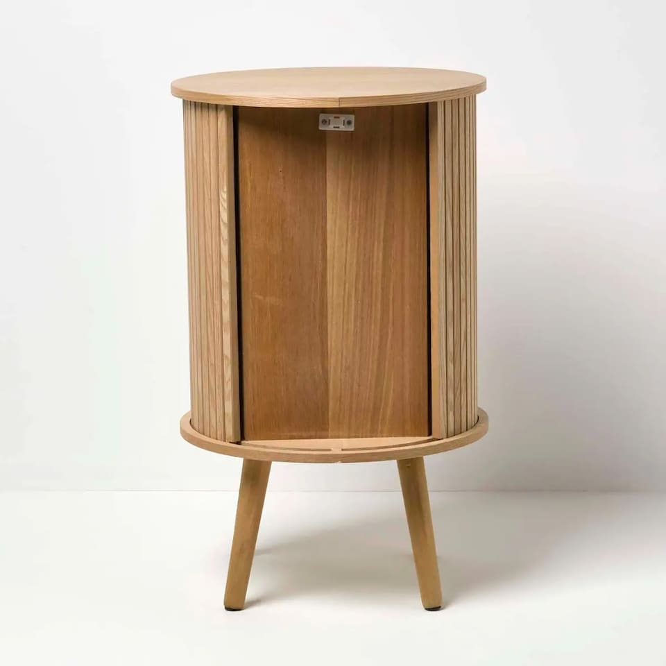 image 1 of Homescapes Modern Side Table, Round Cabinet with Sliding Tambour Doors, 65cm