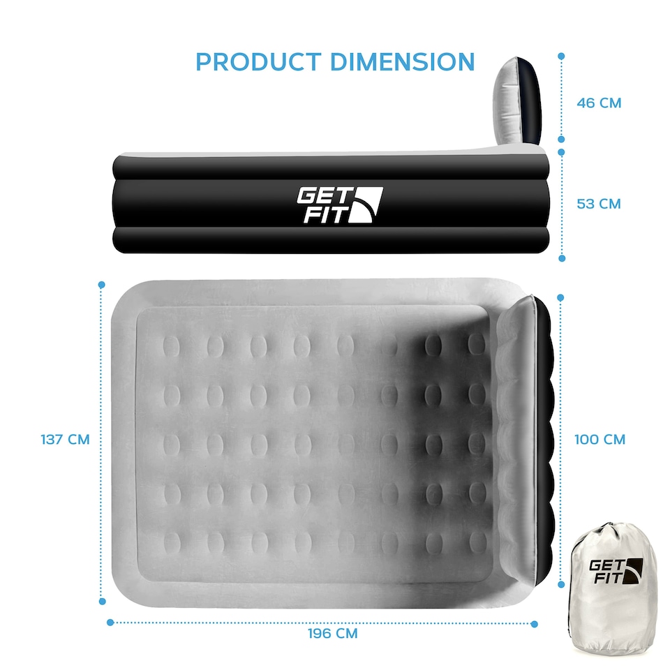 image 1 of Get Fit Air Bed With Built In Electric Pump - Premium Double Airbed - Quick Blow Up Bed With Headboard & 2 Free Inflatable Pillows - Air Mattress- Black/Grey