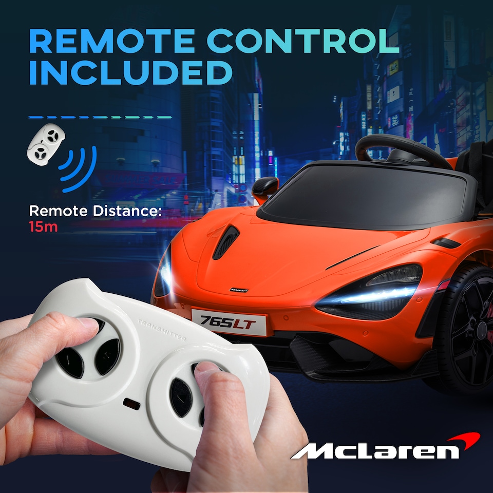 image 1 of AIYAPLAY McLaren 765LT Licensed Electric Car for Kids with Butterfly Doors, 12V Kids' Electric Ride on with Remote Control, Transport Wheels, LED Lights, MP3 Music, Horn, for 3-6 Years, Orange