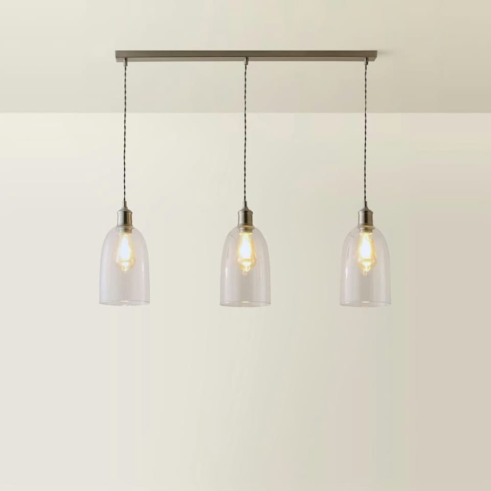 image 1 of ValueLights Kira Glass Cloche Dome 3 Drop Bar Brushed Chrome Diner Ceiling Pendant Light | Silver