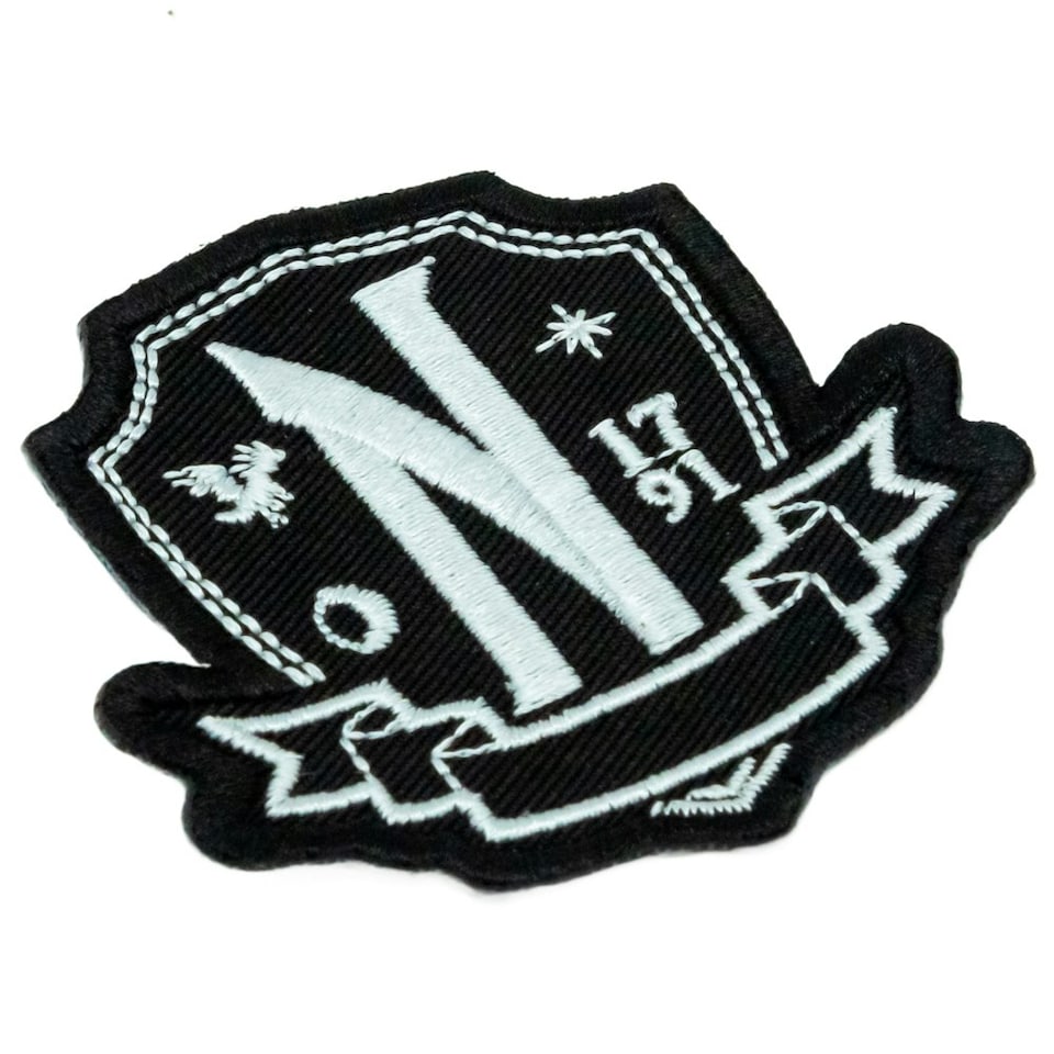 image 1 of Wednesday Nevermore Academy Crest Iron On Patch - Black/White - One Size