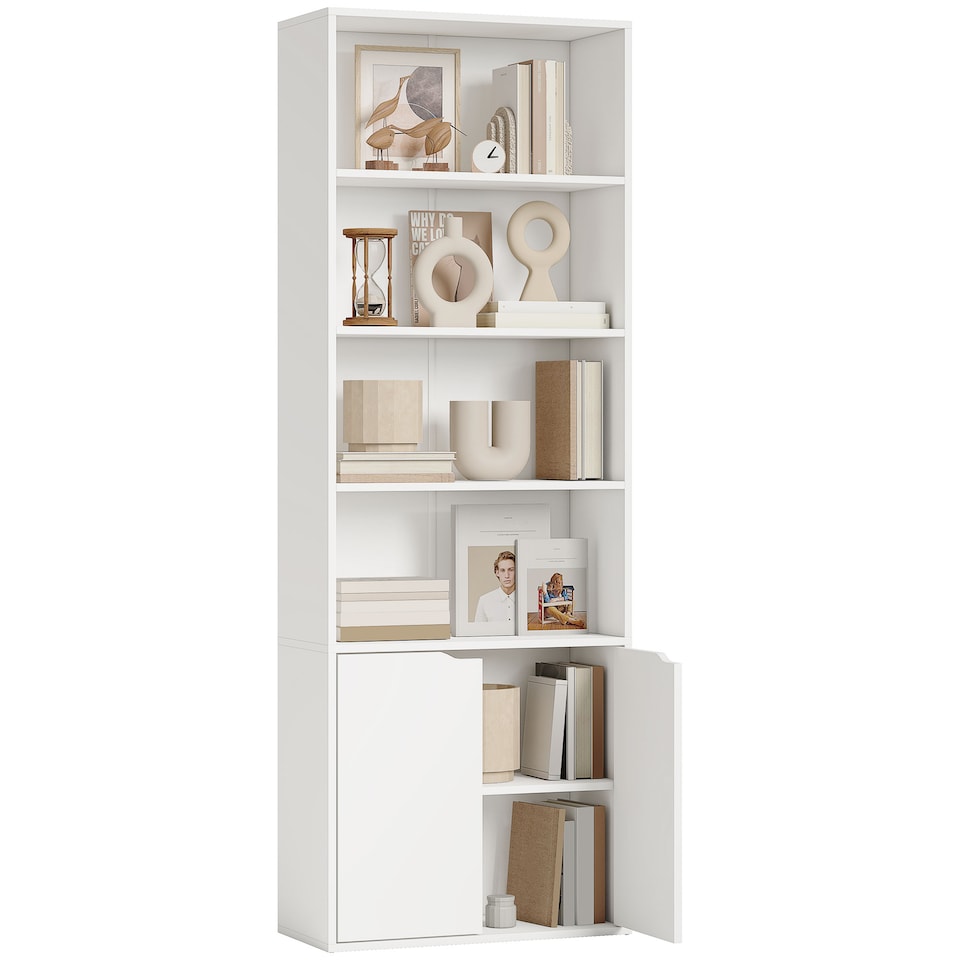 image 1 of HOMCOM 6-Tier Tall Bookcase, Bookshelf with 4 Open Shelves and Double Door Storage Cabinet, Freestanding Display Rack for Living Room, Bedroom, Home Office, Study, 59 x 29 x 180cm, White