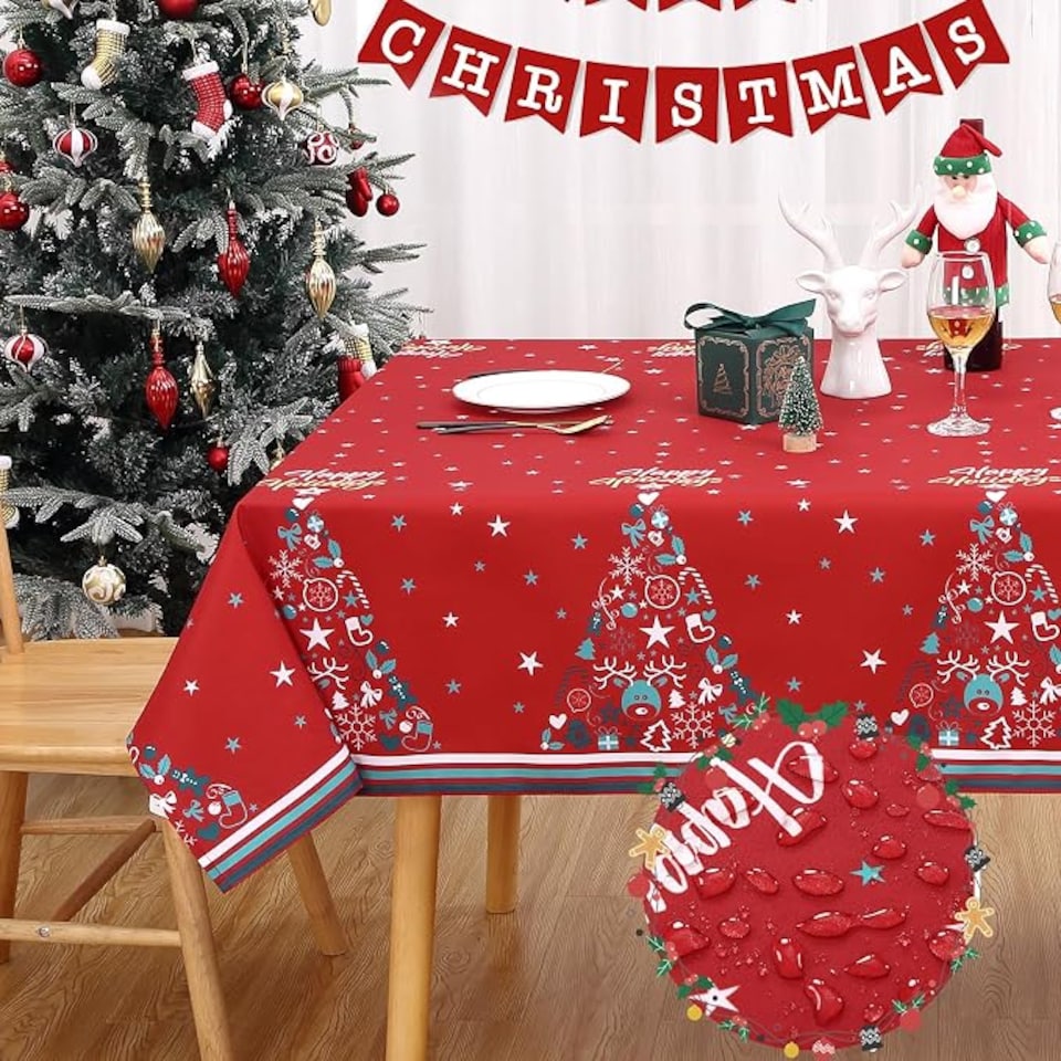 image 1 of London Boutique Red Christmas Tablecloth, Waterproof Polyester Table Cover with Xmas Tree Star Print