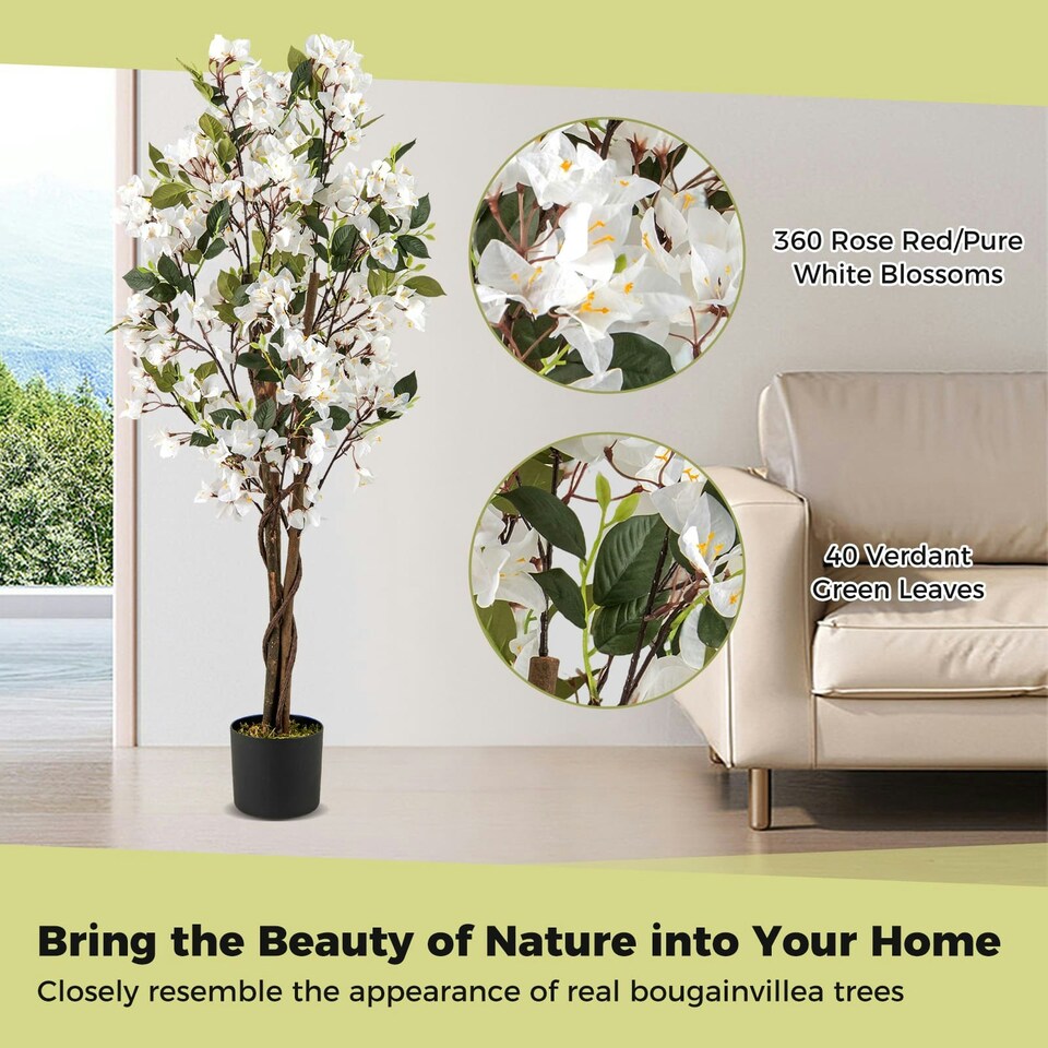 image 1 of COSTWAY 120cm Artificial Bougainvillea Tree Plant White White | One Size